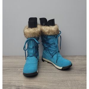 Lands' End Womens Darla Boots 7B Teal Suede Faux Fur Collar Lace Up Front